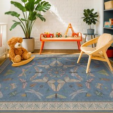 Blue Washable Kids Playroom Rug 5x7 Area Rugs for Baby Boy Bedroom Whimsy