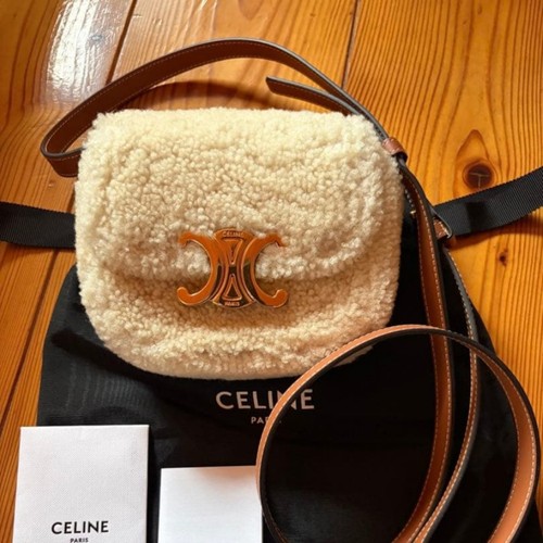 Celine Triomphe Mini Shearling Off White Brown Leather Shoulder Bag