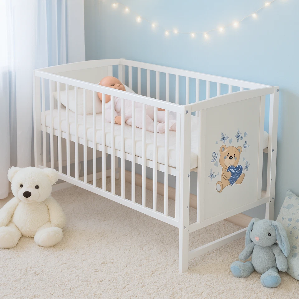 BABYHAFEN Gitterbett Babybett Kinderbett Teddybär - Herzen Blau 60 × 120 cm mit Matratze
