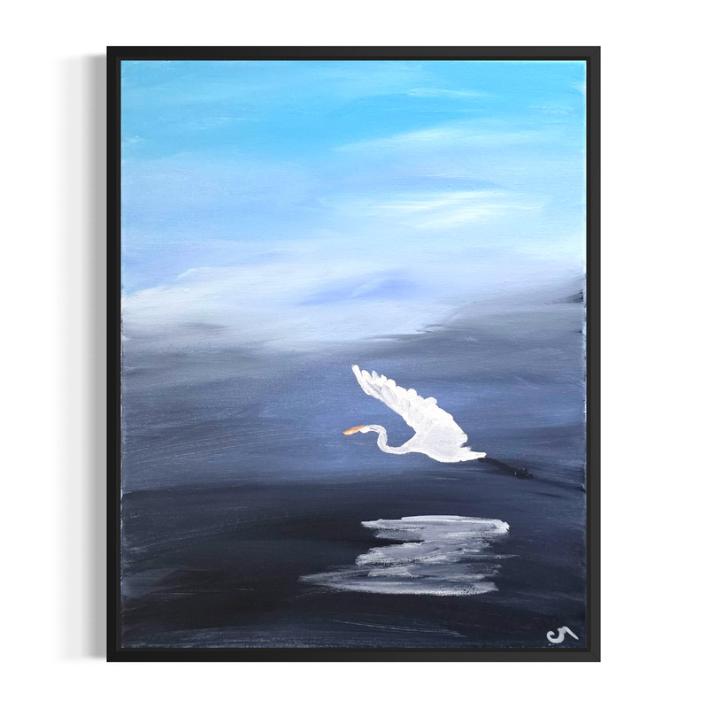 Original Hand Painted 11x14 Abstract Seascape Heron Acrylic Canvas Art Signed