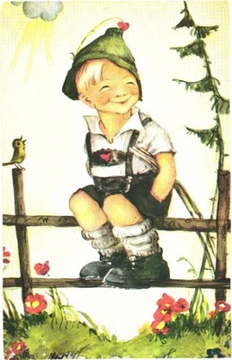 Perched on a Fence  A Boy Sitting on the Fence Illustration Art Vintage Postcard