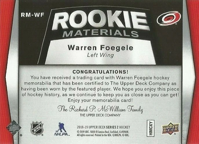 Warren Foegele Carolina Hurricanes 2018-19 Upper Deck Series Two RC Materials - Image 2 of 2
