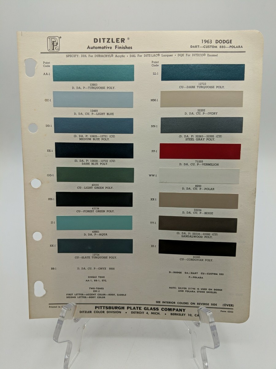1963 Dodge Dart Polara Ditzler PPG Color Chip Paint Sample Page | eBay