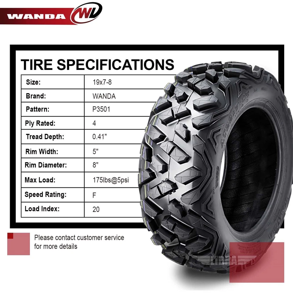 4 WANDA ATV tires 19x7-8 19x7x8 fit for 2003-2006 Kawasaki KSF80A/KFX80 - Image 3 of 4