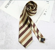 New Classic Striped Brown Beige JACQUARD WOVEN 100% Silk Men's Necktie Tie