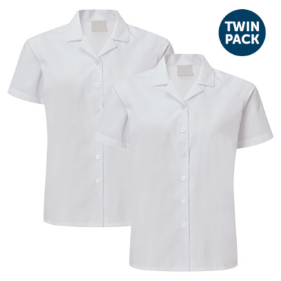 Twin Pack Girls Ladies Revere Collar Short Sleeve Office Uniform Blouse School