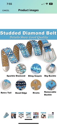 Rhinestone belt sky blue glitter L XL 36-42in Big Buckle  display picture 3