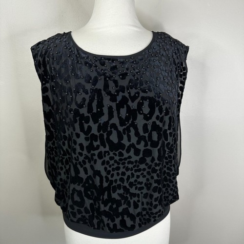 NEW Cache Blouse Size Small Leopard Animal Print Burnout Sleeveless Beaded Shirt - Picture 2 of 11