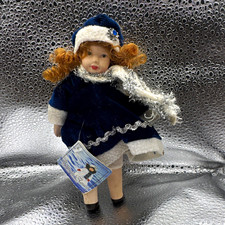 Porcelain Girl Doll Light Complexion Red Curly Hair Brown Eyes Winter Hat Scarf