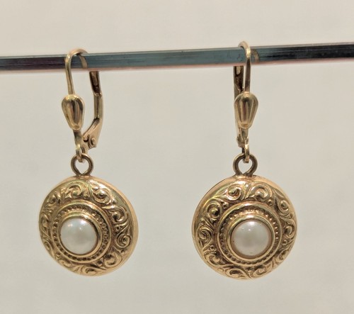 Pearl Flourish Engraved Dangle Earrings .25" Diameter Real Mabe Pearl