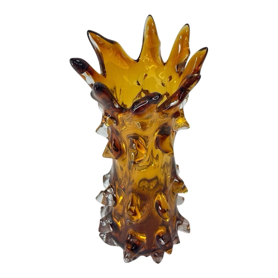 Янтарная бруталистская колючая художественная стеклянная ваза ретро середина века современный стиль высота 12 дюймов - Изображение 2 из 4