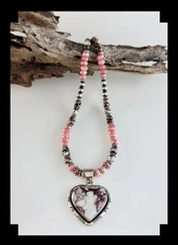 White Fox Creation: Wild Horse Magnesite and Rhodochrosite Heart Necklace