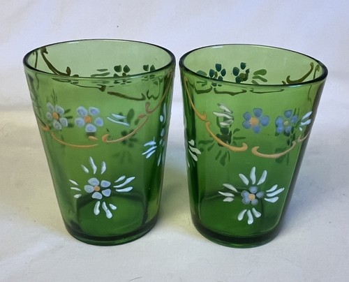 2 Matching Antique Victorian Hand Painted Enamel Green Glass Tumblers - Picture 2 of 6
