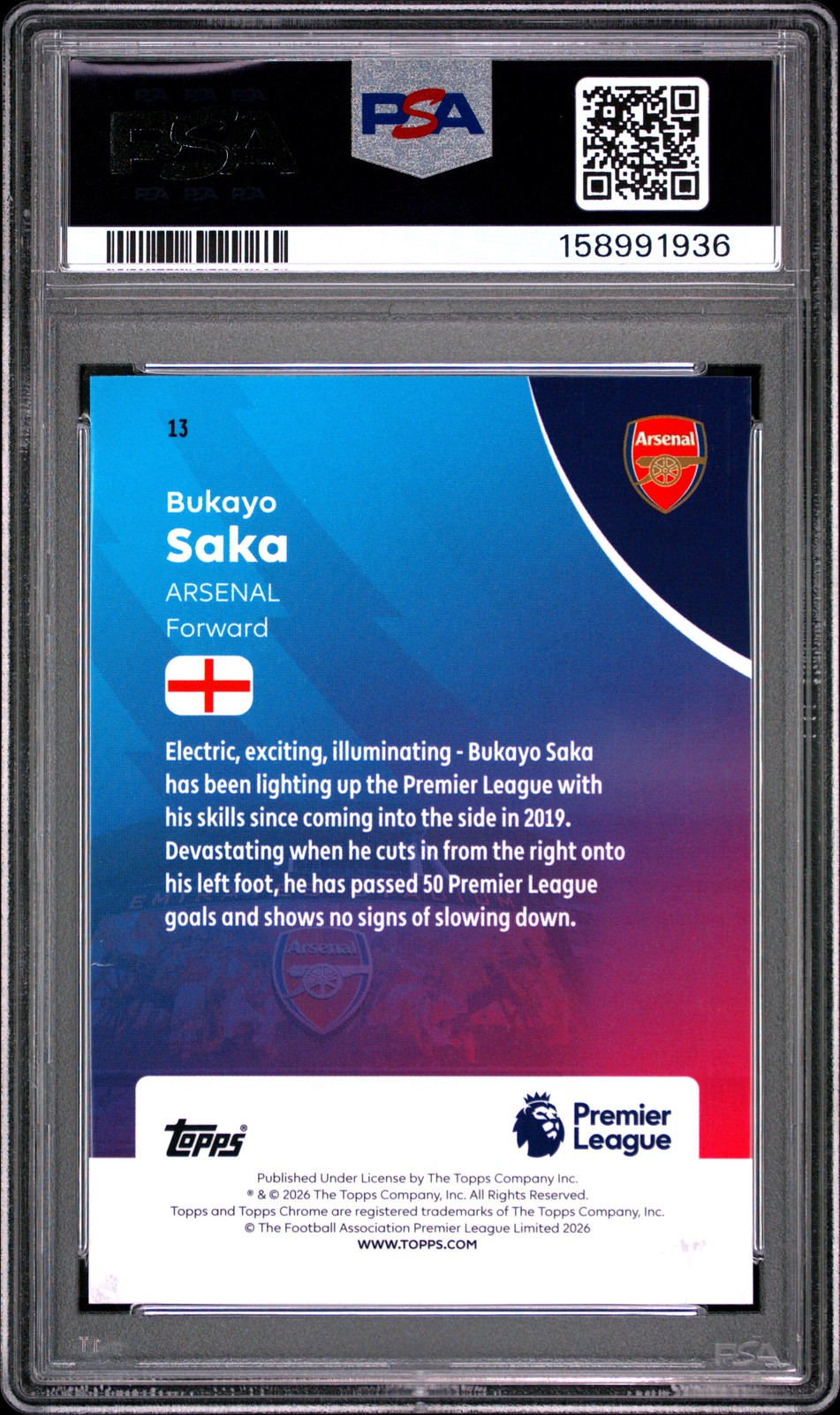 2025-2026 TOPPS CHROME PREMIER LEAGUE AQUA RAYWAVE #13 BUKAYO SAKA 30/199 PSA 10 view 2