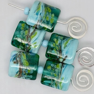 Lot Of 5 Artisan Lampwork Beads Approx 15mm Square Green & Turquoise For Jewelry - image 1 of 4
