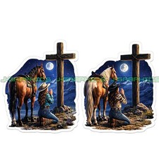 Cowgirl Praying Horse Car Window Decal Jesus Cross Truck Sticker 2 Pack B