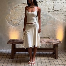 Womens Casual Sleeveless Lace-panel Top And S...