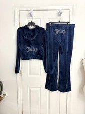Juicy Couture Velour Bling Tracksuit Set Regal Blue Rhinestone Logo Large