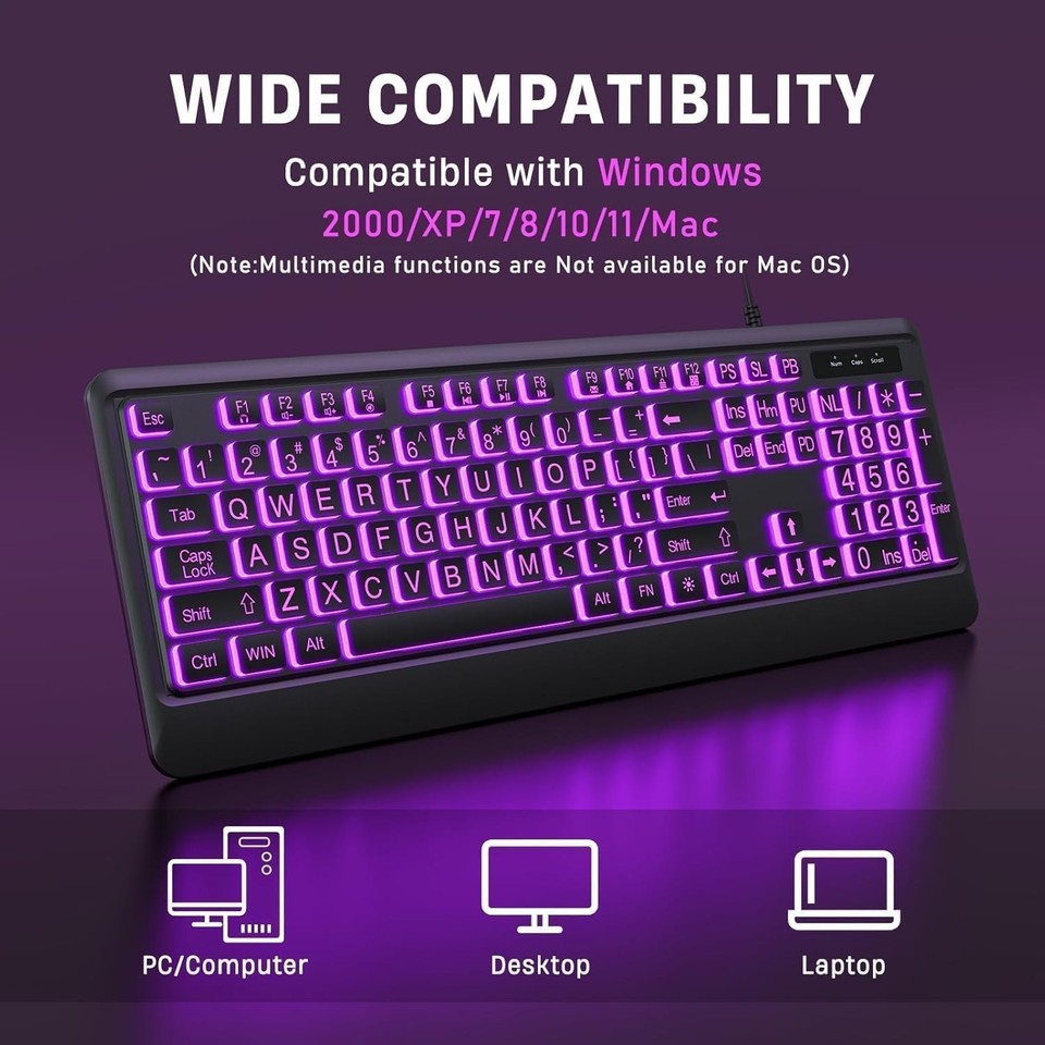 Large Print Backlit Keyboard, Wired USB Lighted Computer Keyboards with ...
