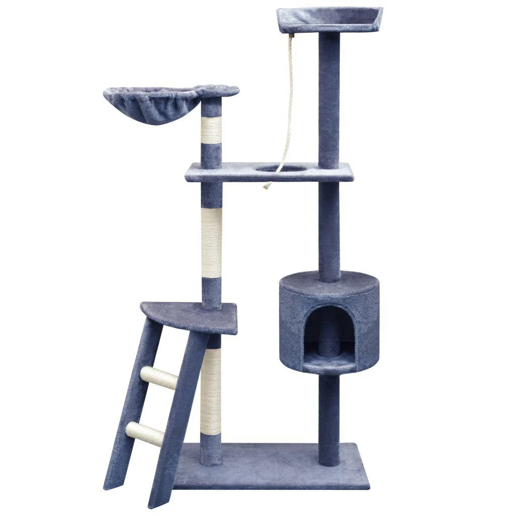 Arbre à chat bleu de 150 cm avec niche douillette et griffoir en sisal naturel