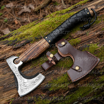 Viking Medieval Axe   Hand Forged Hatchet, Throwing Axe W/Sheath Ash Wood Handle