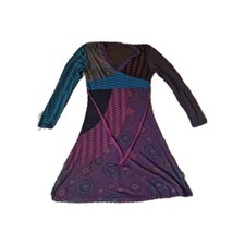 Vintage Purple Turquoise Patterned A-Line Dress with Waist Tie V-Neck