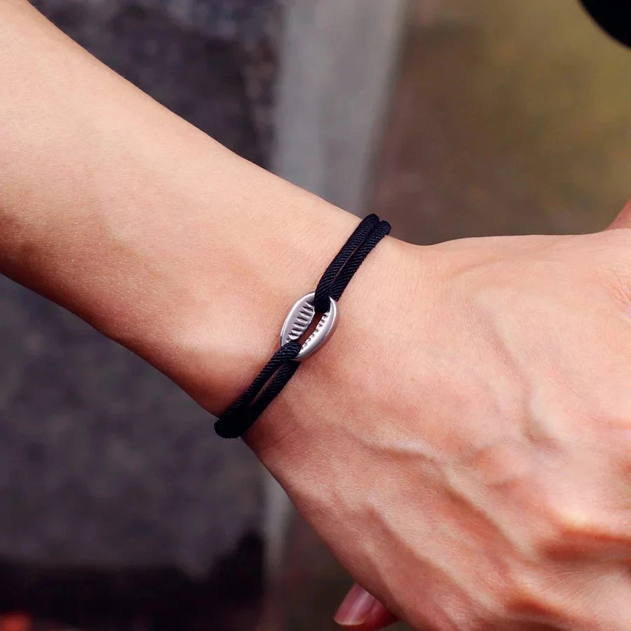 Handwoven Rope Macrame Bracelet Black Shell Beach Cuff Layered Men Jewelry - Image 4 of 4