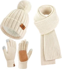 Womens Beanie Scarf Gloves Set Knit Beanie Neck Warmer Touchscreen Gloves