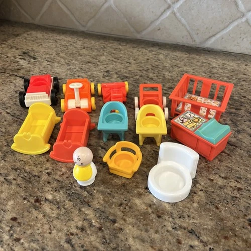Vintage 70s/80s Fisher Price Little People Play Family Nursery Furniture & More