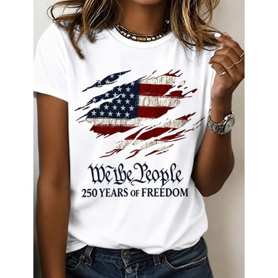 Women's Patriotic T-Shirt, Printed Short Sleeve, Casual Crew Neck Top