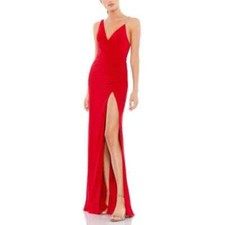 Mac Duggal Ieena 26532 Asymmetrical Pearl Strap V Neck Gown Red Size 10 NWOT 