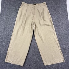 Zara 100 Linen Pants Womens XL 33x27.5 Wide Leg Light Brown Pleated