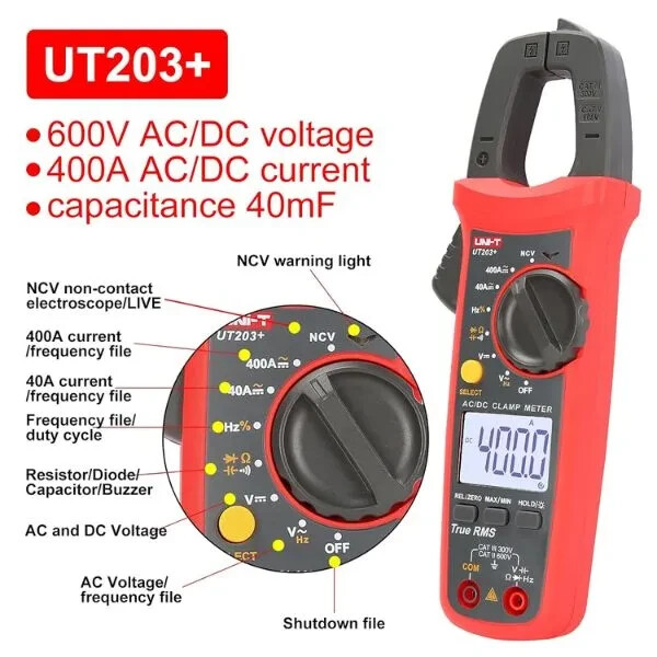 UNI-T-UT203+ True RMS, 4000 counts, 400A AC/DC Digital Clamp Meter