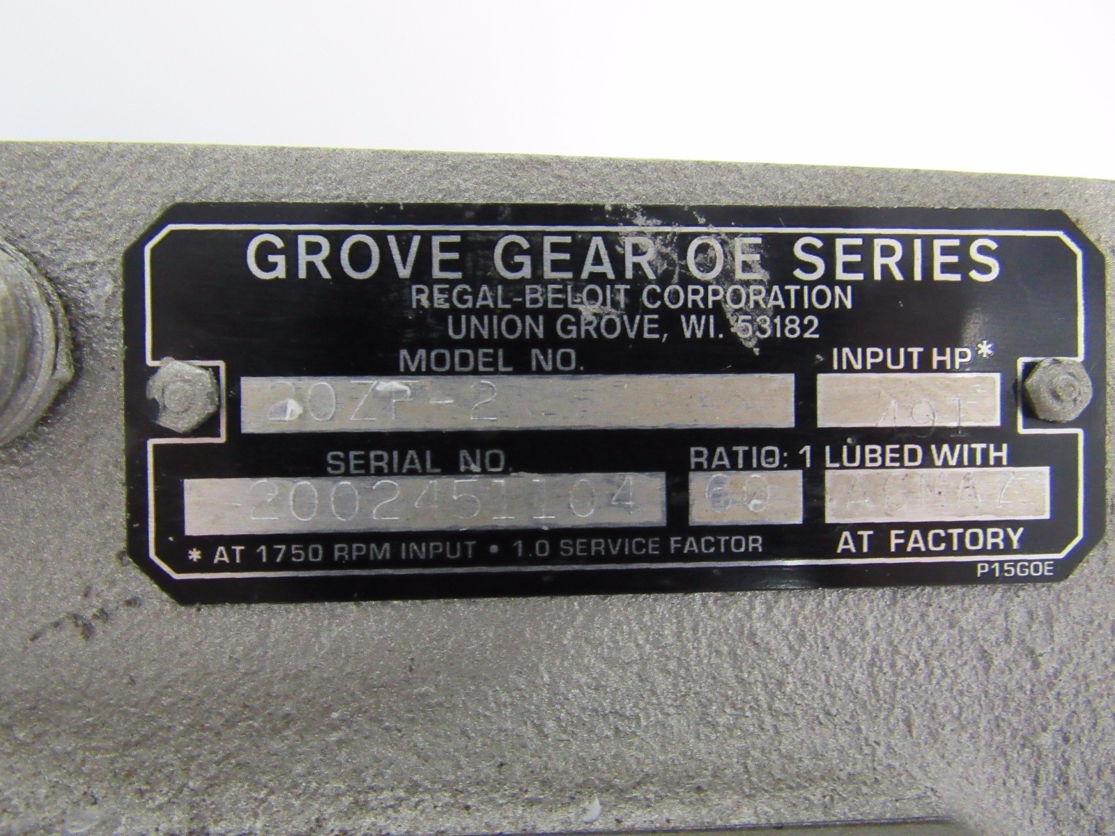 GROVE GEAR OE SERIES 20ZF2 GEAR REDUCER 601 RATIO 491 HP 1750 RPM