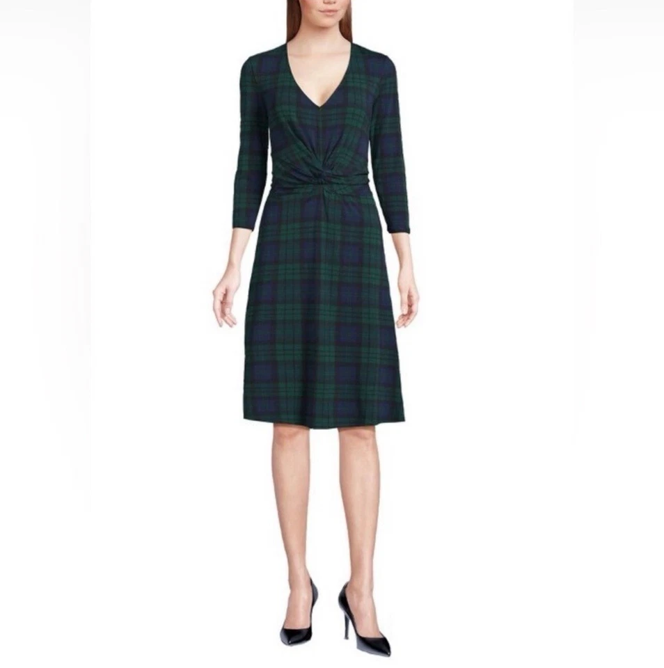 Vestido Lands’ End Medio Verde Azul Tartán Cuadros Lado Torcido Mangas 3/4 Elastizado Foto 2 de 4