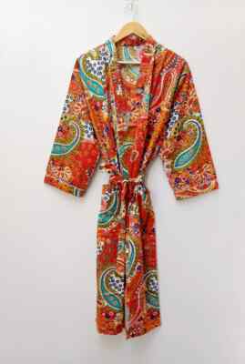 Indian Floral Printed 100% Cotton Robe Long Kimono Sleepwear Night Kimono Dress