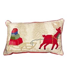 Santa Sleigh w Reindeer Multicolor Embroidered Throw Pillow Decor 12" x 20" EUC