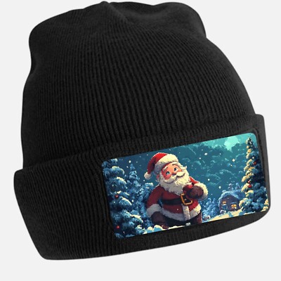 Black Cool Santa Print Beanie Hat - Unisex Cap, Cotton