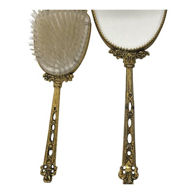 Gold Tone Vanity Set Vintage Gold Tone Vanity Set With Mirror, Brush, and Powder  main image 3