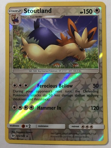 POKEMON STOUTLAND 105/149 SUN & MOON BASE SET RARE REVERSE HOLO NEAR MINT