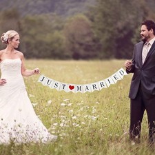 Vintage Just Married Banner Wedding Bunting Photo Booth Props Signs White