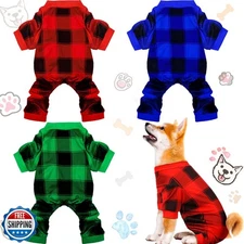 3 Pieces Christmas Dog Pajamas Red Buffalo Plaid Jumpsuit Puppy Pet Pajamas B