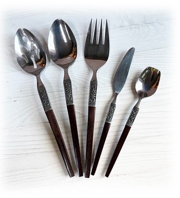 Interpur Japan INR19 Stainless Flatware Brown MDF Handle 5 Piece Hostess Set MCM