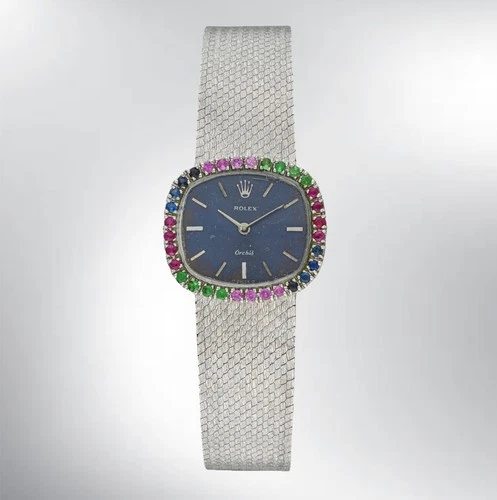 Vintage 1976 Ladies' Rolex Orchid watch in 18K White Gold & Silver w/ColorStones