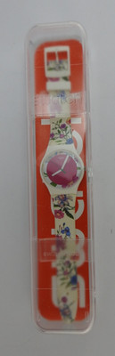 Vintage Swatch Gent Floral Watch Pink Dial White Band Swiss Made Original Case