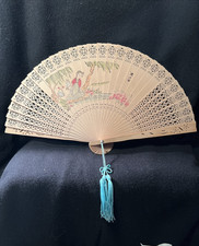 Vntg. Chinese Handheld Cutout Pattern Sandalwood Wood Fan Original Box