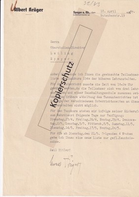 Albert Krüger Speyer Tanzlehrer Kurs 1940 Teilnehmer Liste höhere Lehranstalten