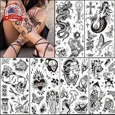 Large Black Temporary Tattoos 12 Sheets Waterproof Retro American Style for Adul