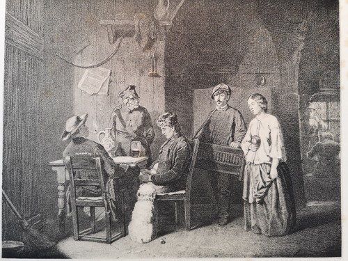 Lithograph from 1866. positive pelare och sångerska på en krog. player and singer