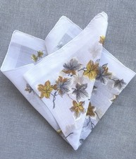 Vintage Handkerchief / Pocket Square White Ocher Gray Leaves Hand Rolled 14.25"